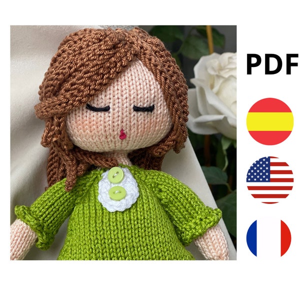 Tutorial muñeca punto. Muñeca a dos agujas. Patrón muñeca tejida. Tutorial español, inglés y francés, muñeca punto