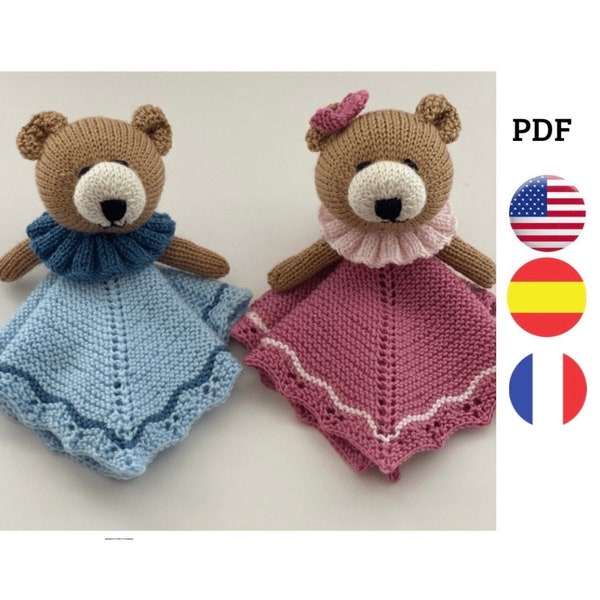 ATTACHMENT BLANKET PATTERN. Bear tutorial. Spanish, English and French attachment blanket pattern. Two needle tutorial. Knitting pattern. Woven doudou.