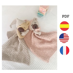 TUTORIAL for a CLOTHING BLANKET, knitted with two needles. Sleepy bear pattern. Tutorial in Spanish, English and French. Textured baby blanket.