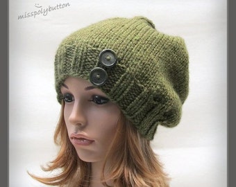 Knit beanie hat, Green knit hat, Knitted hat with buttons, winter knitted hat, handknit slouch hat, baggy tam hat