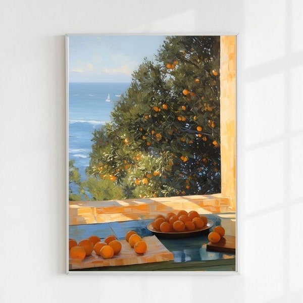 Citrus Seaside View Print | Trendy Coastal Art | Aesthetic Preppy Dorm Decor | Fresh Orange Orchard Wall Art | Modern Chic Digital Download