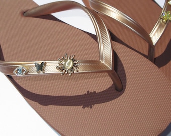 Tropic Glow Charm Flip Flops, Gold Beach Sandals, Pearl Butterfly Sun Evil Eye Charms