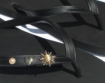 Golden Glow Charm Flip Flops with Sun, Pearl Accents | Summer Beach Sandals