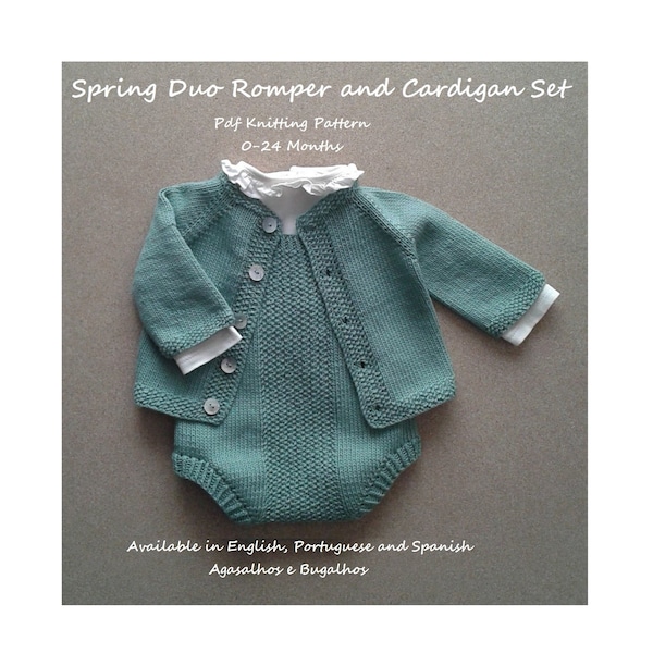 Modèle de tricot PDF | Modèles de tricot de barboteuse et de cardigan pour bébé Spring Duo | 0-24 mois (anglais, portugais et espagnol)