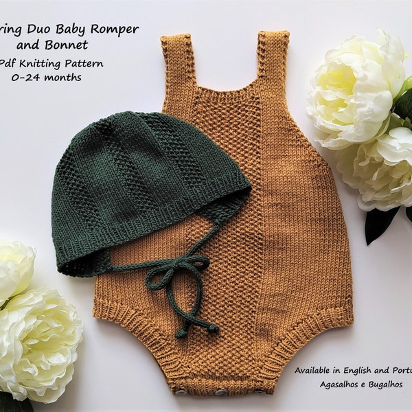 Baby Romper Knitting Pattern | Spring Duo Baby Romper Knit Pattern and Bonnet | 0-24 months