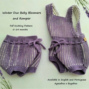 May include: Knitting pattern for a purple and white striped baby romper and bloomers. The pattern is available in English and Portuguese. The pattern is for babies 0-24 months.