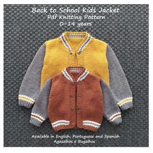 Back to School Kids Jacket Knitting Pattern | Varsity Jacket | PDF Knitting Pattern | 0-14 years (English, Portuguese and Spanish)
