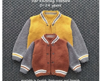 May include: Two knitted jackets with grey sleeves and striped ribbed collars and cuffs. The larger jacket is mustard yellow, and the smaller is rust orange. Text reads: Back to School Kids Jacket Pdf Knitting Pattern 0-14 years. Available in English, Portuguese and Spanish Agasalhos e Bugalhos.