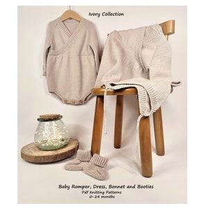 May include: Ivory Collection knitting patterns for a baby romper, dress, bonnet, and booties. The patterns are available in sizes 0-24 months.