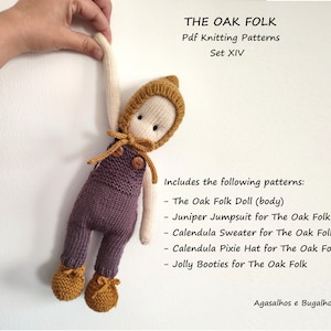 May include: Knitted doll wearing a purple jumpsuit, brown shoes, and a brown hat. The doll is holding its arms up. The image includes the text "The Oak Folk" and "Pdf Knitting Patterns Set XIV".