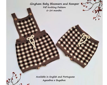 Gingham Baby Bloomers and Romper Knitting Pattern | Baby Shorts Pattern | PDF Knitting Pattern | 0-24 Months (English and Portuguese)