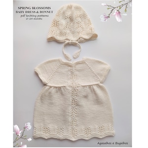 Spring Blossoms Baby Dress and Bonnet Knitting Pattern | PDF Knitting Pattern | 0-24 months (English and Portuguese)
