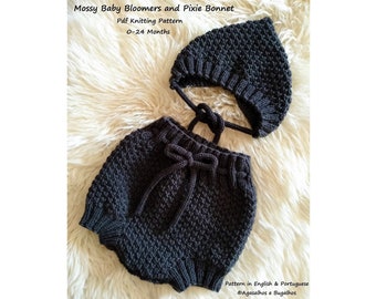 Mossy Baby Bloomers and Pixie Hat Knitting Pattern | Baby Shorts Pattern | PDF Knitting Pattern | 0-24 Months (English and Portuguese)