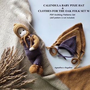 PDF Knitting Patterns | Calendula Baby Pixie Hat + Clothes for The Oak Folk Doll Set M