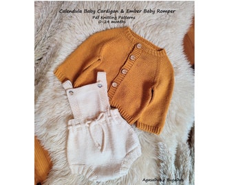 Calendula Baby Cardigan and Ember Baby Romper Knitting Pattern | PDF Knitting Patterns | Preemie-24 Months (English and Portuguese)
