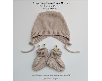 PDF Knitting Pattern | Ivory Baby Bonnet and Booties Knitting Pattern | Baby Bonnet Pattern | 0-24 Months