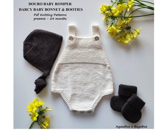 Douro Baby Romper, Darcy Baby Bonnet and Booties | PDF Knitting Pattern | Preemie-24 months