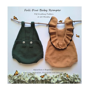 Puede incluir: Dos peleles de bebé tejidos, uno verde y otro marrón, colgados de una rama con mariposas. El patrón se llama "Fall Duo Baby Romper" y está disponible en inglés, portugués y español.