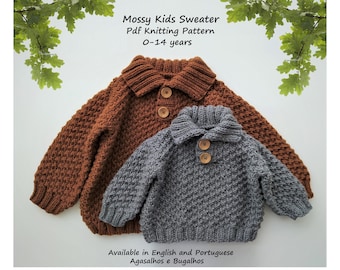 Mossy Kids Sweater Knitting Pattern | Kids Sweater Pattern | PDF Knitting Pattern |  0-14 years (English and Portuguese)