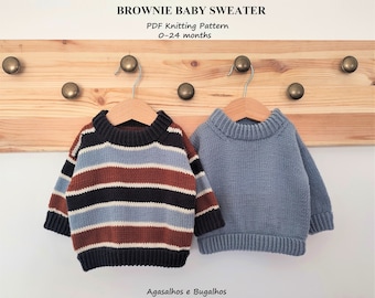May include: Two knitted baby sweaters for 0-24 months. One sweater features horizontal stripes in dark brown, light blue, and cream. The other is solid light blue. Both have ribbed collars, cuffs, and hems. Text reads: BROWNIE BABY SWEATER PDF Knitting Pattern.