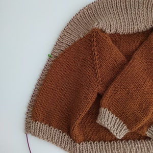 May include: A partially knitted jumper featuring a deep rust-brown body and light beige ribbed trim at the collar and cuffs. The garment is attached to a circular knitting needle with a purple cord and includes small green stitch markers.