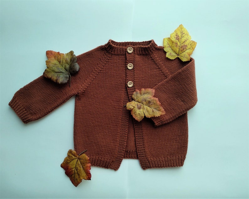 May include: A brown knitted cardigan with a button closure. The cardigan is laid flat on a light blue surface with autumn leaves scattered around it.