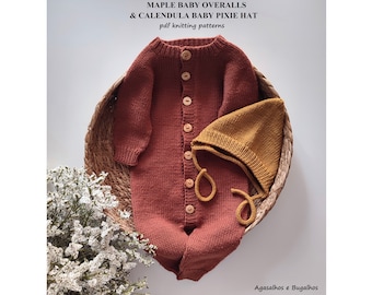 May include: A knitted baby outfit in a woven basket. The outfit includes a rust-colored romper with wooden buttons and a mustard-colored pixie hat. The text on the image reads "MAPLE BABY OVERALLS & CALENDULA BABY PIXIE HAT pdf knitting patterns."