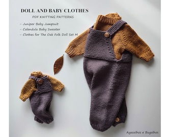 PDF Knitting Patterns | Juniper Baby Jumpsuit and Clothes for The Oak Folk Doll Set M | Preemie-24 months (English and Portuguese)