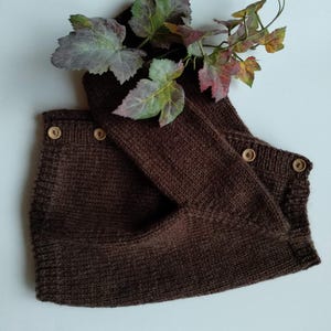 Puede incluir: Un pantal&oacute;n corto de punto marr&oacute;n oscuro con cintura y pu&ntilde;os de canal&eacute;. La prenda se sujeta con cuatro peque&ntilde;os botones de madera clara situados en la parte delantera. Una rama de hojas de hiedra verdes y con tonos violetas descansa encima.