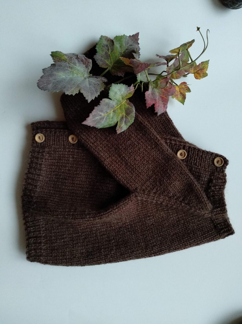 Puede incluir: Un pantal&oacute;n corto de punto marr&oacute;n oscuro con cintura y pu&ntilde;os de canal&eacute;. La prenda se sujeta con cuatro peque&ntilde;os botones de madera clara situados en la parte delantera. Una rama de hojas de hiedra verdes y con tonos violetas descansa encima.