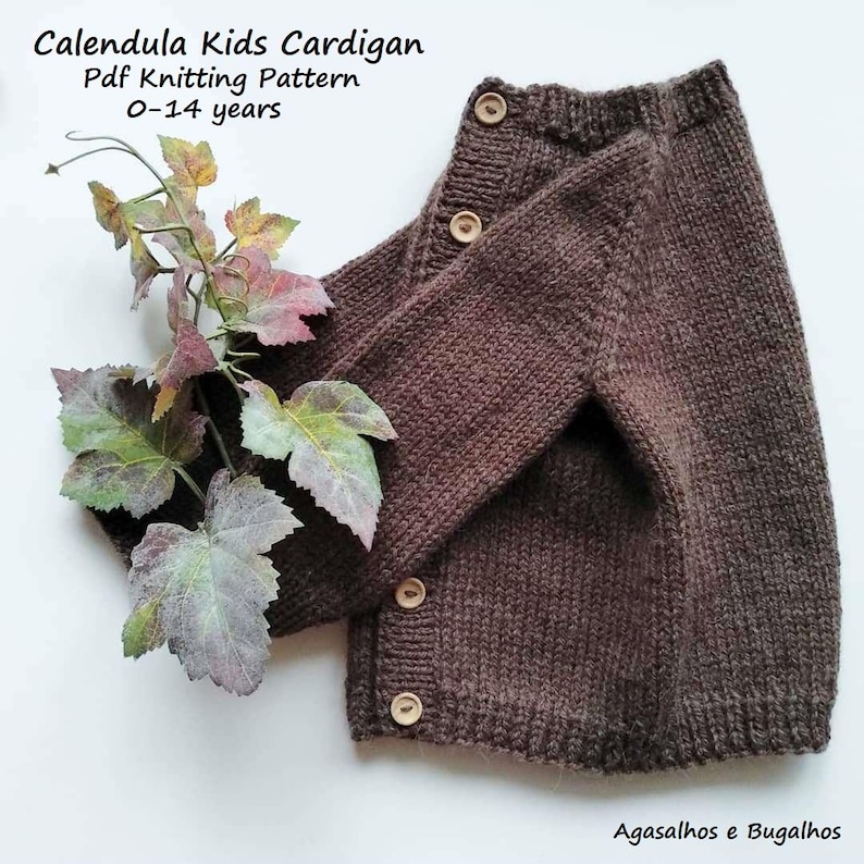 Puede incluir: Un c&aacute;rdigan de punto marr&oacute;n con cuatro botones claros, que incluye el texto Calendula Kids Cardigan Pdf Knitting Pattern 0-14 years y Agasalhos e Bugalhos. Una rama con hojas verdes y rojizas se encuentra junto a la prenda.