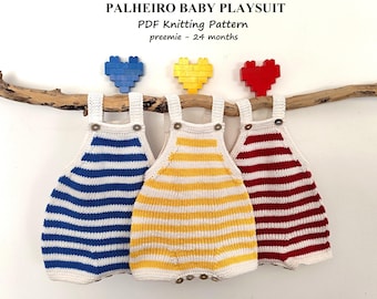 Palheiro Baby Playsuit Knitting Pattern | PDF Knitting Pattern | Preemie-24 months (English and Portuguese)