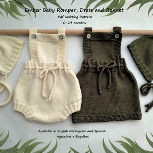 Ember Baby Romper Dress and Bonnet Knitting Pattern | PDF Knitting Pattern | 0-24 Months (English, Portuguese and Spanish)
