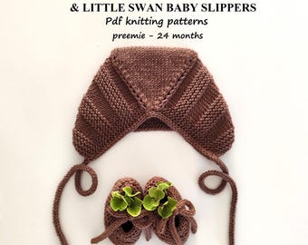 Gartinette Baby Bonnet and Little Swan Baby Slippers Knitting Pattern | PDF Knitting Pattern | preemie-24 months (English and Portuguese)