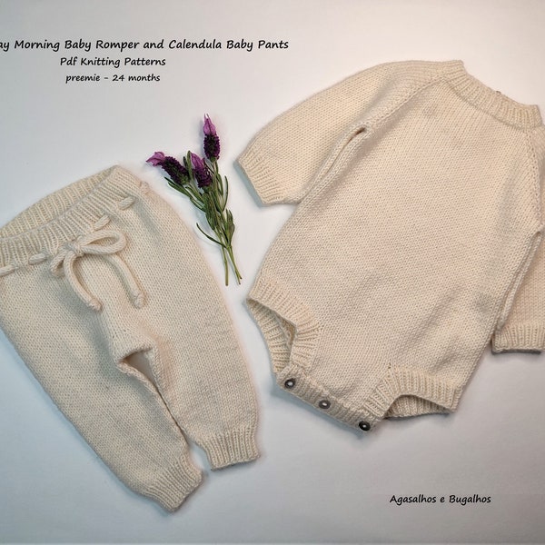 Baby Knitting Pattern | Sunday Morning Baby Romper Knitting Pattern and Calendula Baby Pants Knitting Pattern | preemie-24 Months