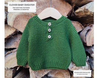 Clover Baby Pullover Strickmuster | Pullover mit überschnittener Schulter | Krausstich-Pullover | PDF-Strickmuster | Frühchen – 24 Monate