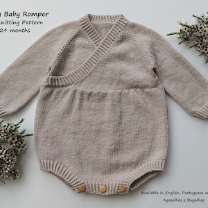 May include: Ivory knitted baby romper with long sleeves and a cross-over neckline. The romper is available in sizes 0-24 months. The pattern is available in English, Portuguese and Spanish.