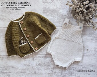 May include: Olive green knitted baby cardigan with white trim and wooden buttons, and a white knitted romper. The cardigan has pockets with floral accents. Text on the image reads "JOYOUS BABY CARDIGAN AND DOURO BABY ROMPER PDF knitting patterns 0-24 months".