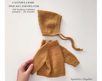 May include: A mustard yellow knitted baby pixie hat and sweater set. The set includes a hat with a long tie and a sweater with a crew neck. The text "Calendula Baby Pixie Hat and Sweater Pdf Knitting Patterns preemie - 24 months Agasalhos e Bugalhos" is printed on a white background.