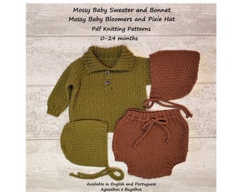 Pdf Knitting Pattern | Mossy Baby Sweater, Bonnet, Bloomers and Pixie Hat Knitting Pattern SET | Baby Knit Pattern | 0-24 Months