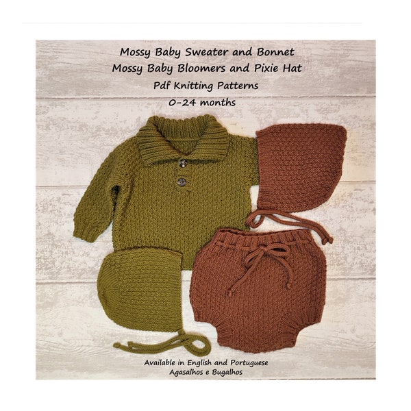 Pdf Knitting Pattern | Mossy Baby Sweater, Bonnet, Bloomers and Pixie Hat Knitting Pattern SET | Baby Knit Pattern | 0-24 Months