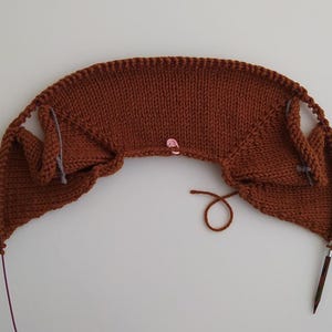 May include: A rust-coloured knitted garment in progress on a circular knitting needle. The piece features stockinette stitch fabric with visible increases, a pink plastic stitch marker at the centre, and two grey yarn markers on the sides.