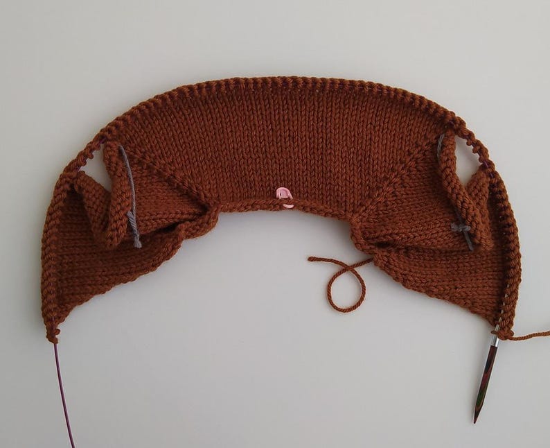 May include: A rust-coloured knitted garment in progress on a circular knitting needle. The piece features stockinette stitch fabric with visible increases, a pink plastic stitch marker at the centre, and two grey yarn markers on the sides.