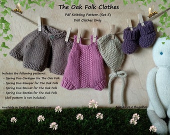 May include: Knitting patterns for doll clothes, including a cardigan, romper, bonnet, and booties. The patterns are available in English and Portuguese. The Oak Folk Clothes Pdf Knitting Pattern (Set E) Doll Clothes Only.