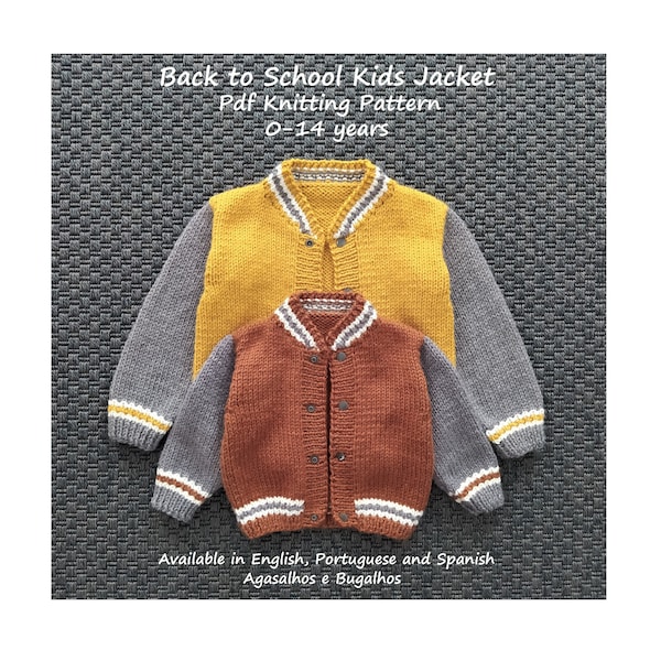 Modello lavorato a maglia per giacca per bambini Ritorno a scuola | Giacca universitaria | Cardigan Letterman | Modello di cappotto per bambini | PDF Modello per lavoro a maglia | 0-14 anni