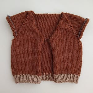 May include: A rust-coloured knitted waistcoat featuring a V-neckline, short sleeves, and a ribbed hem in a lighter tan shade. The garment is constructed with a stockinette stitch pattern and includes small grey stitch markers at the shoulders.