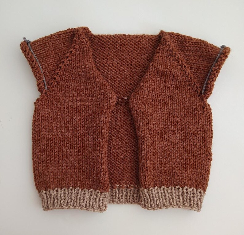 May include: A rust-coloured knitted waistcoat featuring a V-neckline, short sleeves, and a ribbed hem in a lighter tan shade. The garment is constructed with a stockinette stitch pattern and includes small grey stitch markers at the shoulders.
