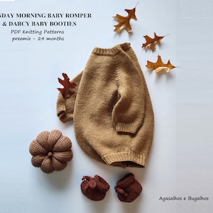 Sunday Morning Baby Romper and Darcy Baby Booties Knitting Pattern | PDF Knitting Pattern | preemie-24 Months