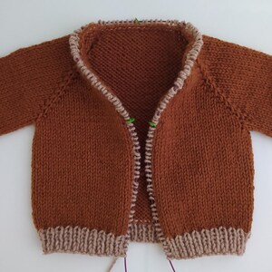May include: A hand-knitted cardigan in a solid rust-brown colour featuring long sleeves and a ribbed hem. The garment has a wide, light beige ribbed collar and trim along the front opening, accented with small green plastic stitch markers.