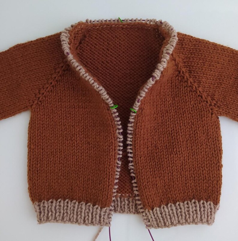 May include: A hand-knitted cardigan in a solid rust-brown colour featuring long sleeves and a ribbed hem. The garment has a wide, light beige ribbed collar and trim along the front opening, accented with small green plastic stitch markers.